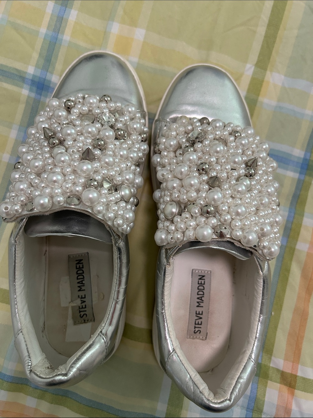 Steve Madden Silver Pearl & Stud Embellished Slip-On Sneakers